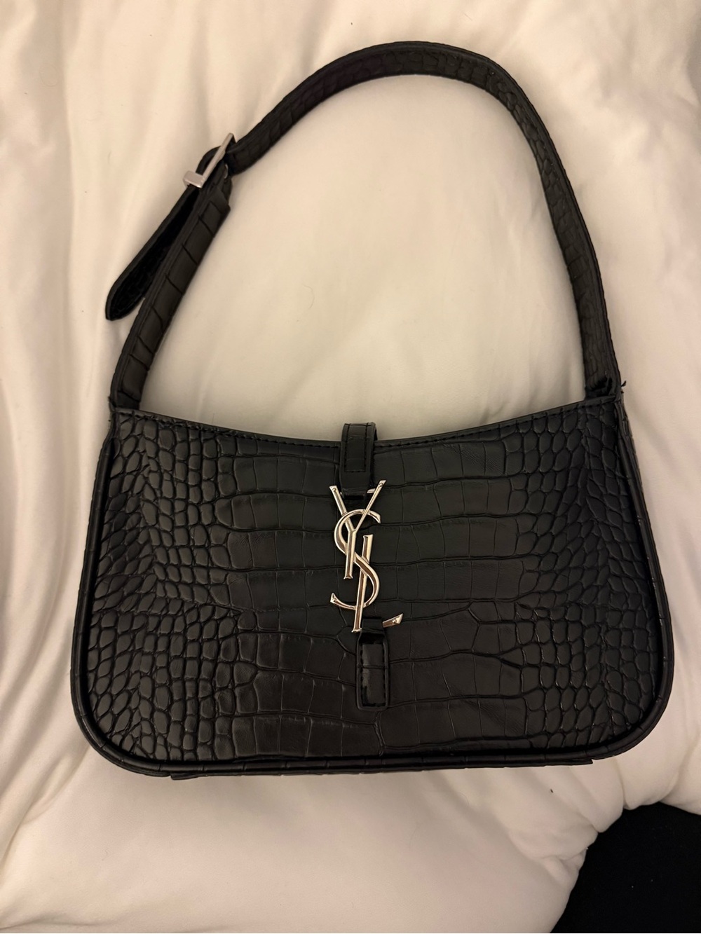 Yves Saint Laurent Black Croc-Embossed Shoulder Bag with Silver YSL - Picture 2 of 6